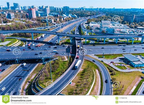 Aerial View Of A Freeway Intersection Road Junctions In A Big City