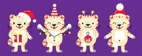 New Years Set With Characters Of Tigers Collection Of Cute Animals