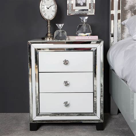 Madison White Glass 3 Drawer Mirrored Bedside Cabinet Picture Perfect Home Mirror Bedside