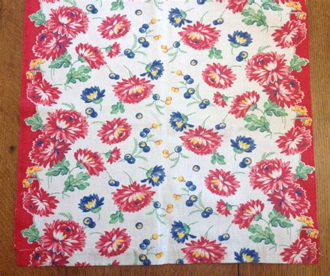Vintage Kitchen Towel Fabric Cotton Print Red Mums Etsy Fabric