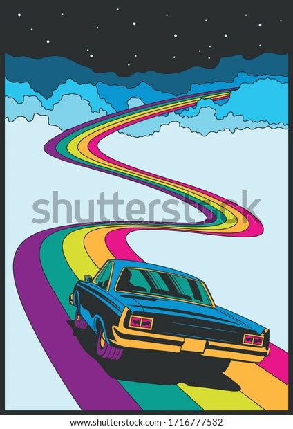 Psychedelic Car Rainbow Road 1960s 1970s Stock Vector Royalty Free