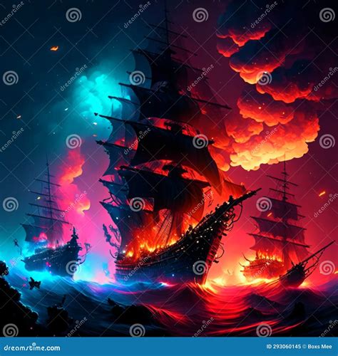 Sailing Ship In The Sea With Fire And Smoke 3d Illustration Generative