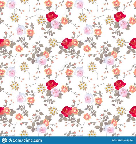 Ditsy Seamless Floral Pattern With Various Roses Daisies And Leaves On