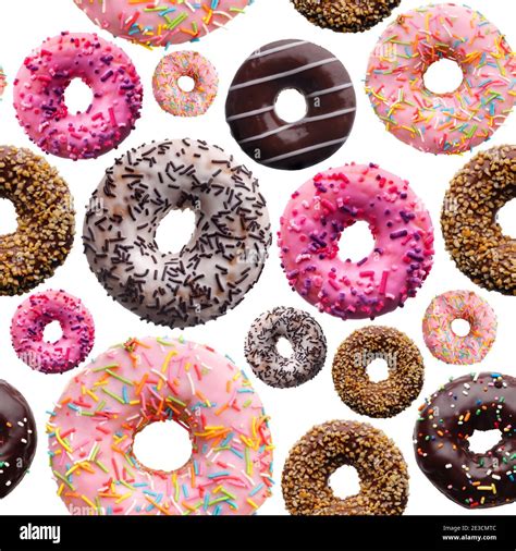 Set Of Assorted Donuts Isolated On White Background Seamless Pattern