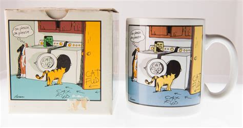 Vintage Far Side Cartoon Comic Coffee Mug Gary Larson 1980s Cat Fud Dog
