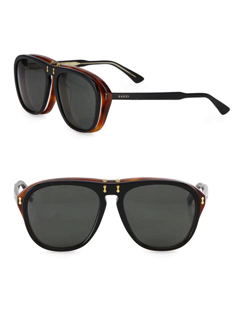 lyst gucci 56mm flip up pilot sunglasses in black for men