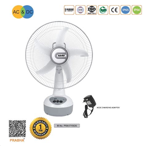 Prabha Solar 15w Acdc Rechargeable Table Fan With Inbuilt Led Light Works On Any 12v Battery
