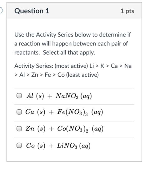 For metals, the greater the activity(more. Solved: Question 1 1 Pts Use The Activity Series Below To ...