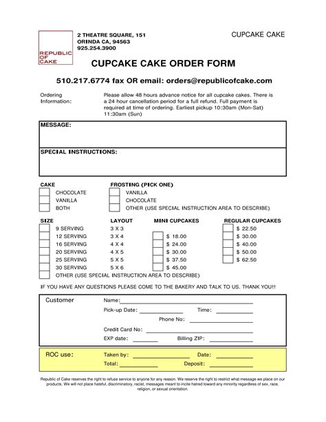 cupcake order form template free