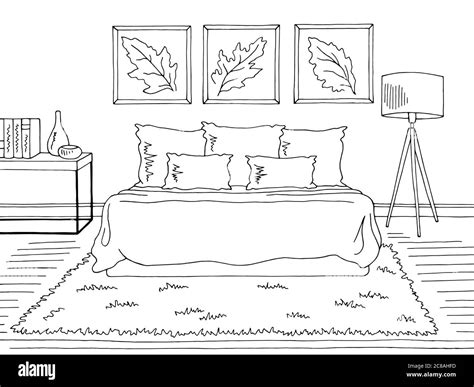 Bedroom Graphic Black White Home Interior Sketch Illustration Vector