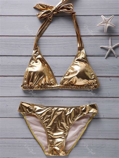 2018 Women S Halter Beach Gold Metallic Bikini In Golden 4xl