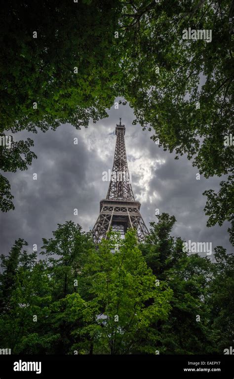 The Eiffel Tower Through Trees Stock Photo Alamy