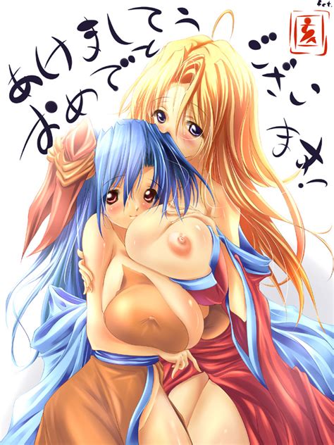 Rule 34 2girls Bb Blonde Hair Blue Hair Breasts Byunei Crossover Fct
