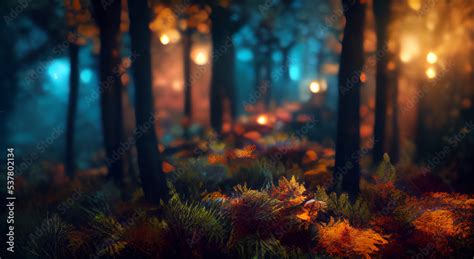 Colorful Very Beautiful Fall Forest At Night With An Epic Fall Foliage