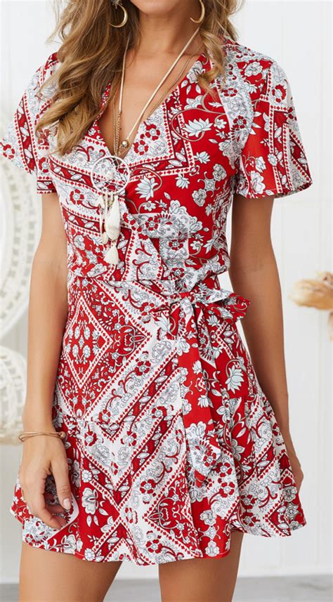 red geo floral waist tie surplice mini dress short sleeve mini dress ladies mini dresses