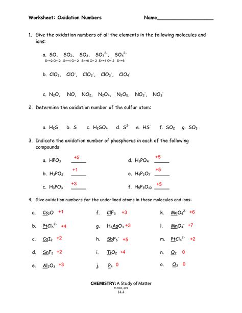 Oxidation Numbers And Redox Worksheet Answers