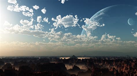 Wallpaper Sunlight Landscape Digital Art Planet Sky Clouds Moon