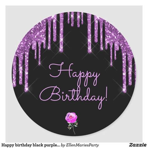 Happy Birthday Black Purple Glitter Sparkle Pink Classic Round Sticker