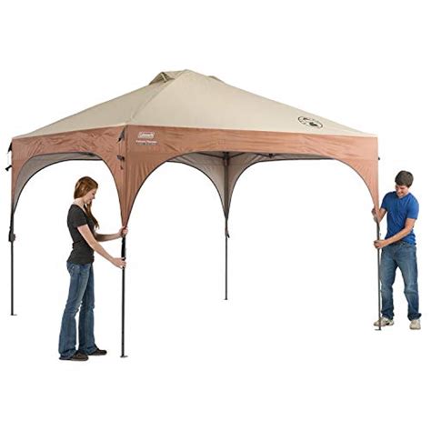 This tent features a typical square shape with a 13' x 13' canopy awning which extends out a bit past the 10' x 10' space. Coleman Instant Pop-Up Canopy Tent and Sun Shelter with ...