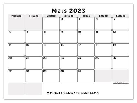 Kalender For Mars 2023 For Utskrift “44ms” Michel Zbinden No