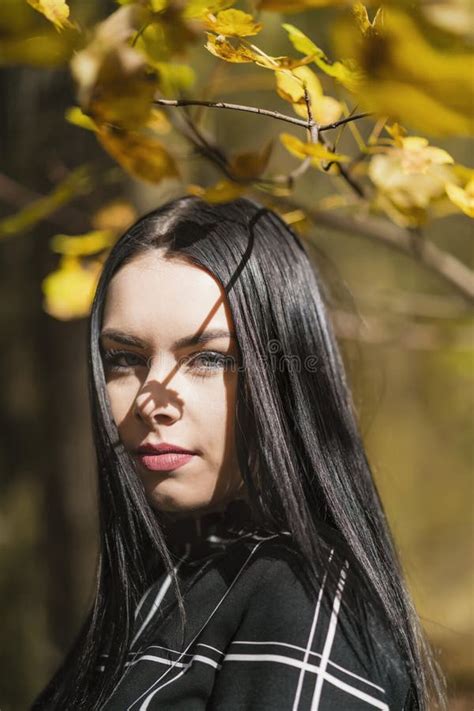 A Beautiful And Elegant Brunette Posing In The Forest During Autumn