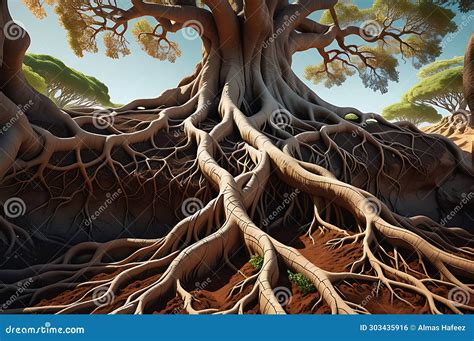 Rooted Resonance: Underground View Showcasing Intertwined Tree Roots