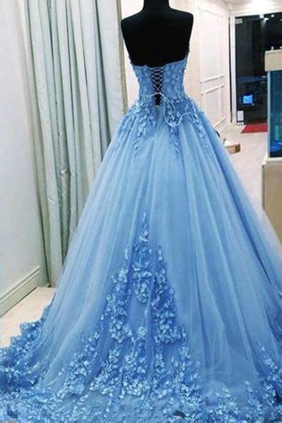 Light Blue Sweetheart Appliques Tulle Wedding Dress Long Puffy Prom