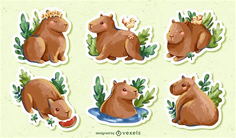 Watercolor Capybara Stickers Set Vector Download