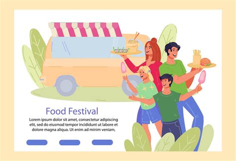 Street food festival web banner with food truck and people enjoying