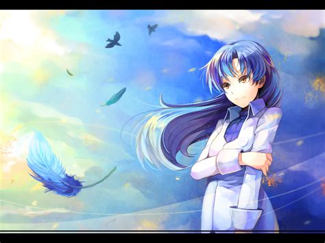 Safebooru Blue Hair Brown Eyes Feathers Idolmaster Kisaragi Chihaya