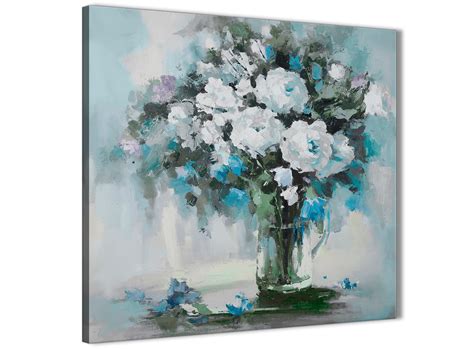Teal White Flowers Painting Bathroom Canvas Wall Art