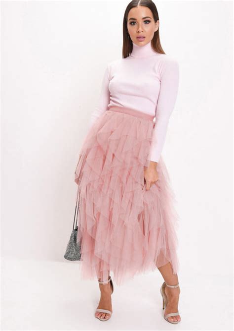 high waisted layered tulle ruffle midi ruffle skirt pink lily lulu