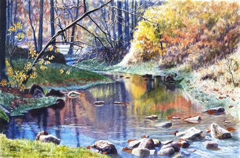 Autumn Creek Watercolor Painting Print By Cathy