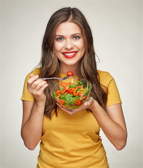 Healthy Life Style With Smiling Woman Eating Vegetarian Salad Stock