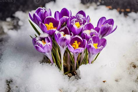 Crocuses Vibrant Purple Flowers Emerging From The Snow Blooming In