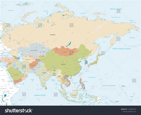 Vector Map Asia Continent Countries Capitals Stock Vector Royalty Free