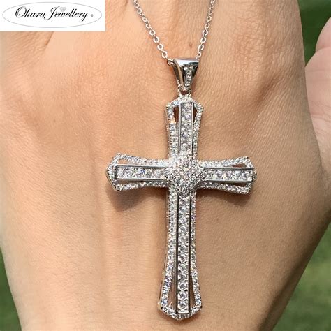 925 Solid Sterling Silver Large Cross Cubic Zirconia Women Necklace ...