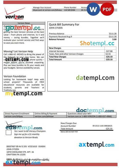 Usa Verizon Utility Bill Template In Word And Pdf Format Intempl