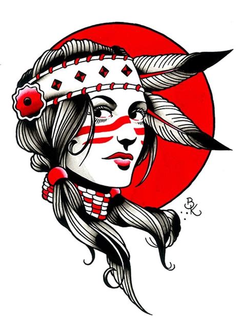Indian Girl Brian Kelly Native American Tattoo Red Canvas Art Print