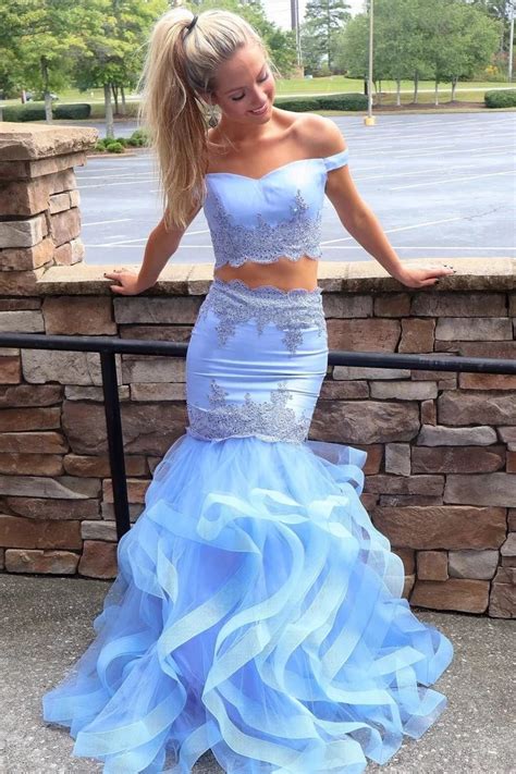 Two Piece Light Blue Mermaid Prom Dresses With Layered Skirt Cd886