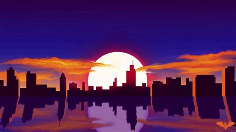 Download Wallpaper 1920x1080 City Sun Sunset Reflection Art Vector Full Hd Hdtv Fhd