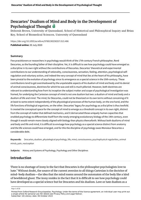 Descartes’ Dualism of Mind and Body in the Development of Psychological