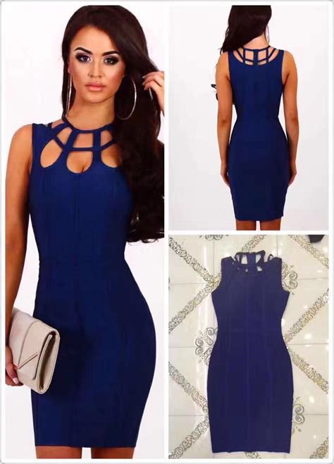 Women Summer Solid Nude Sexy Hollow Out Blue Bandage Dress Elegant