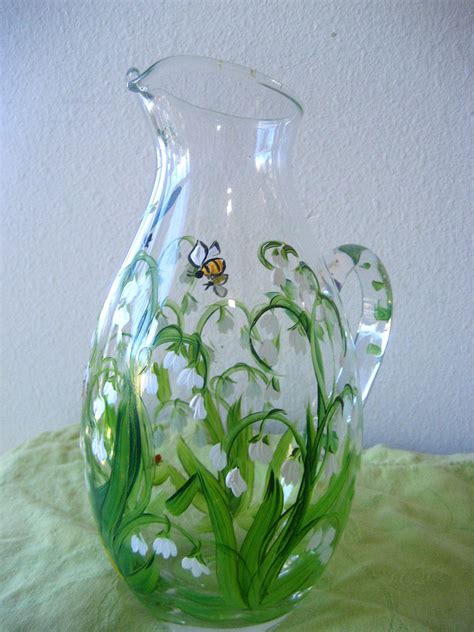 Hand Painted Glass Pitcher With Lily Of The Valley 34 00 Via Etsy Glass Painting Designs