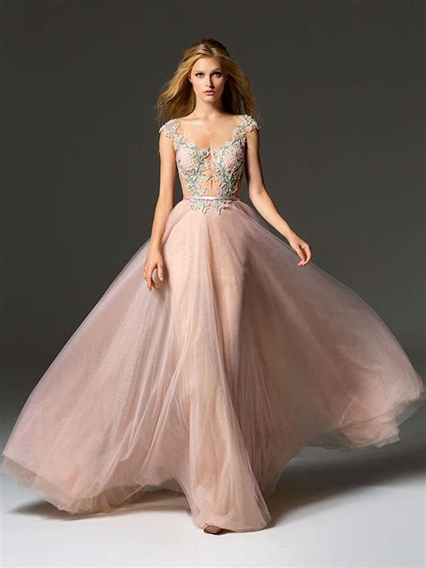 style 363 illusion neckline a line evening gown with cap sleeves embroidered top and v back