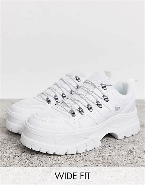 Asos Design Wide Fit Sneakers In White With Hiker Details And Chunky