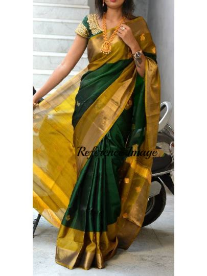 Uppada Handwoven Bottle Green Pure Silk Saree With Butti Work