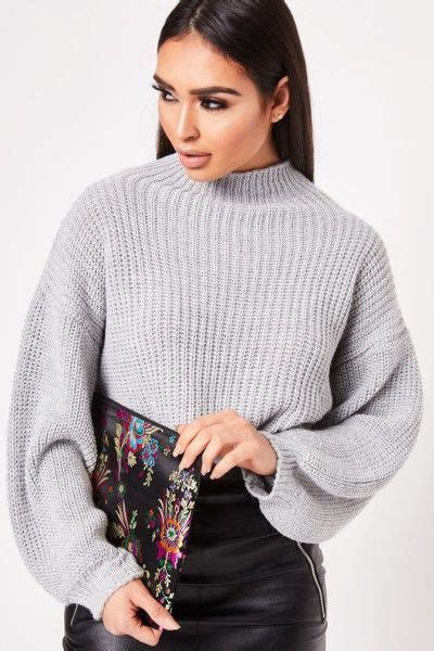 Maddison Grey High Neck Balloon Sleeve Knitted Jumper Knitted Jumper