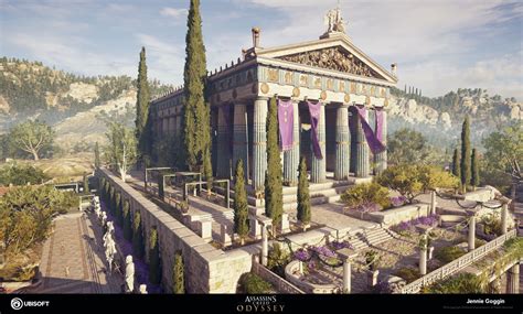 An Artistic Rendering Of A Roman Temple Surrounded By Greenery And