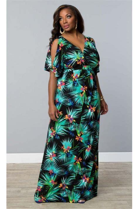 Kiyonna Dress Plus Size 3x Coastal Cold Shoulder Style Maxi Tropical